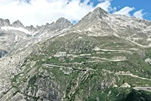 Mountainscape Prints: Photo with reduced dynamics saturation HDR of mountain pass alpine mountain road alpine road pass road pass Furkapass