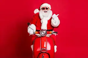 Novelty Prints: Photo of retired grandfather white beard ride retro moped direct thumb empty space propose look funny christmas