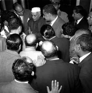 Mid 20th Prints: This photograph shows Egyptian President Gamal Abdel Nasser receiving Indian Prime Minister Jawaharlal Nehru