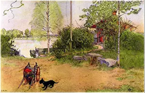 Farmyard Prints: This photograph titled Gårdsplanen features a rural Swedish farmyard scene with two figures