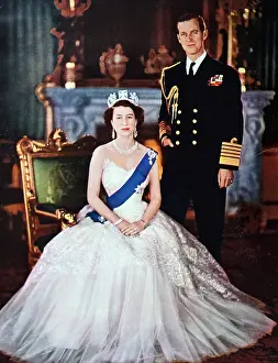 Wife Prints: Photographic portrait of Queen Elizabeth II (1926-) and her Consort Prince Phillip the Duke of Edinburgh (1921-)