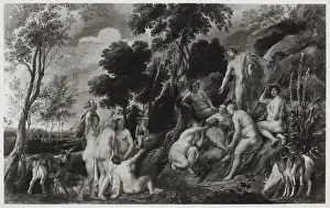 Classical Mythology Prints: Photographic reproduction of an artwork by Jordaens representing Apollon and Marsyas