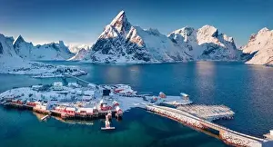Nordland Prints: Photography ofHamnoy villege. Bright winter view from flying drone of Lofoten Island