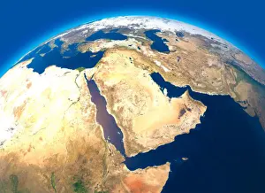 Oman Prints: Physical map of the world, satellite view of the Middle East