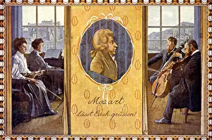 Classical Music Prints: Piano Quartet playing Mozart's composition for keyboard and other instruments