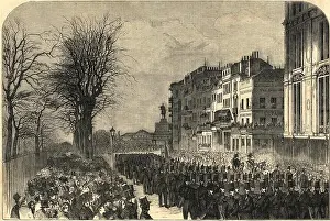 Procession Prints: Piccadilly - head of the procession - the Rifle Brigade. London 1852 ILN print