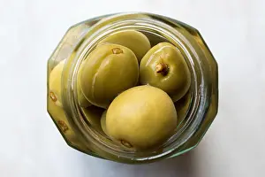 Canned Prints: Pickled Unripe Green Almond Pickles in Glass Bottle Jar / Cagla Badem. Organic Food