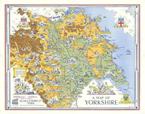 1947 Prints: A Pictorial Map of Yorkshire by Estra Clark for British Railways 44x56cm 1949