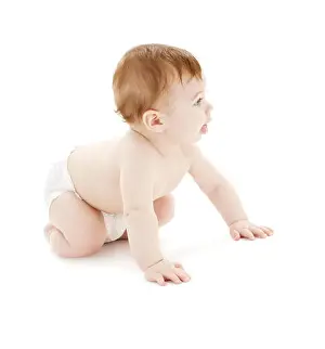 Comfortable Prints: picture of crawling baby boy in diaper over white