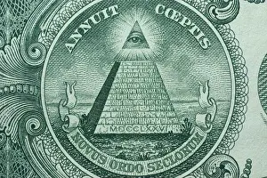 Picture of the Great Seal of the United States with writings Annuit Coeptis and Novus Ordo Seclorum, printed on One USA dollar banknote