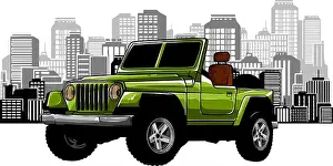 Offroad Prints: picture of a jeep in front of a big city silhouette, flat style illustration