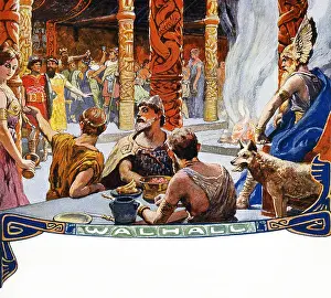 Norse Mythology Prints: Pictured here: great hall at Valhalla; the god Odin at right