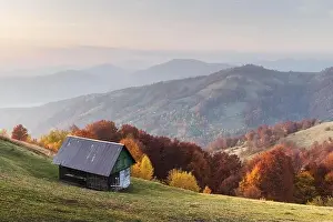 Picturesque autumn meadow with wooden house and red beech trees in the Carpathian mountains, Ukraine. Landscape photography