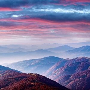 Images Dated 18th October 2019: Picturesque autumn mountains with red beech forest in the Carpathian mountains, Ukraine