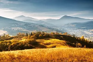 Picturesque autumn mountains with yellow grass and orange trees in the Carpathian mountains, Ukraine. Landscape photography