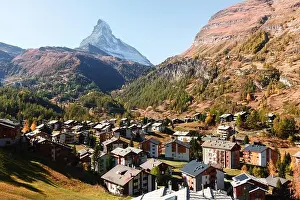 Picturesque autumn view of Zermatt city street with Matterhorn peak in Swiss Alps. Switzerland, Europe. Landscape photography