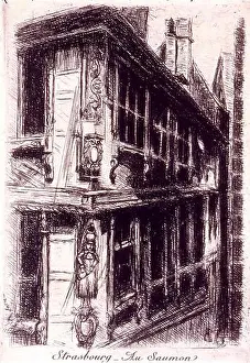 Alsace Prints: A picturesque house in Strasbourg known as Au Saumon stands within a detailed urban streetscape composition dating