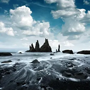Rock Beach Prints: Picturesque landscape with basalt rock formations Troll Toes on Black beach