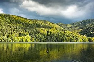 Carpathian Mountains Prints: Picturesque landscape with clear lake and autumn forest on his coast