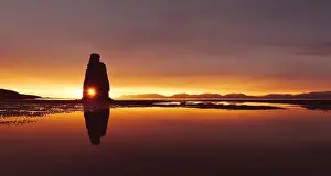 Landscape Prints: Picturesque landscape with famous Hvitserkur rock and dark sand after the tide