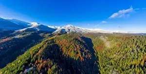 Smotrich Prints: Picturesque mountain landscapes of autumn with snow near the village of Dzembronya in Ukraine Carpathians mountains