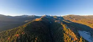 Smotrich Prints: Picturesque mountain landscapes of autumn with snow near the village of Dzembronya in Ukraine Carpathians mountains