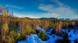 Smotrich Prints: Picturesque mountain landscapes of autumn with snow near the village of Dzembronya in Ukraine Carpathians mountains