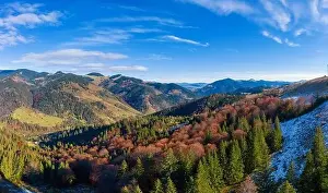 Smotrich Prints: Picturesque mountain landscapes of autumn with snow near the village of Dzembronya in Ukraine Carpathians mountains