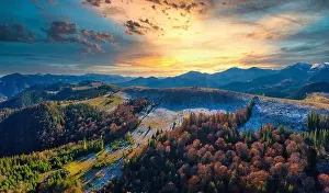 Smotrich Prints: Picturesque mountain landscapes of autumn with snow near the village of Dzembronya in Ukraine Carpathians mountains