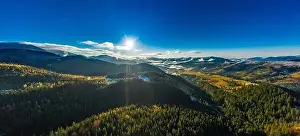 Smotrich Prints: Picturesque mountain landscapes of autumn with snow near the village of Dzembronya in Ukraine Carpathians mountains