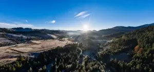Smotrich Prints: Picturesque mountain landscapes of autumn with snow near the village of Dzembronya in Ukraine Carpathians mountains