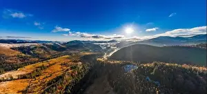 Smotrich Prints: Picturesque mountain landscapes of autumn with snow near the village of Dzembronya in Ukraine Carpathians mountains
