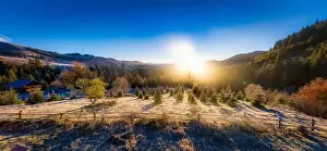Smotrich Prints: Picturesque mountain landscapes of autumn with snow near the village of Dzembronya in Ukraine Carpathians mountains