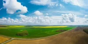 Cumulus Clouds Prints: Picturesque panorama of agricultural fields with rape and wheat