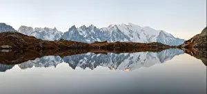 Picturesque panorama of Chesery lake (Lac De Cheserys) and snowy Monte Bianco mountains range on background, Chamonix, France Alps