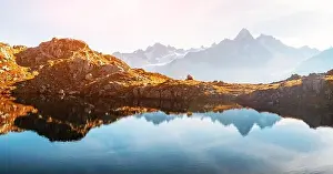 Picturesque panorama of Chesery lake (Lac De Cheserys) and snowy Monte Bianco mountains range on background, Chamonix, France Alps