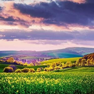 Images Dated 22nd April 2019: Picturesque rural landscape with green agricultural fields, spring hills and pink sunset sky