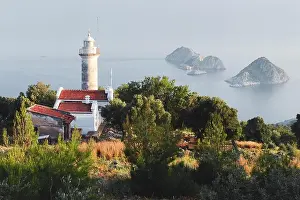 Landscape House Prints: Picturesque scene with lighthouse on Gelidonya cape and small islands in Mediterranean sea