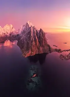 Boat Building Prints: Picturesque scenery from drone of snowy mountains and calm sea under cloudless sky in Norway in evening