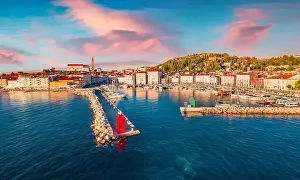 Piran Prints: Picturesque summer sunset on Slovenia's Adriatic coast with beautiful Venetian architecture