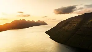Picturesque sunset view from Klakkur peak near Klaksvik city on Kalsoy island, Faroe Islands, Denmark. Landscape photography