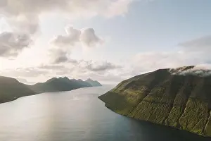 Picturesque sunset view from Klakkur peak near Klaksvik city on Kalsoy island, Faroe Islands, Denmark. Landscape photography