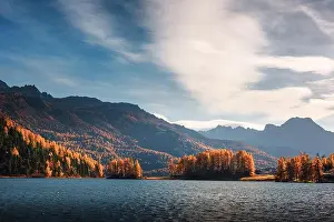 Picturesque view on autumn lake Silvaplana in Swiss Alps. Colorful forest with orange larch and snowy mountains on background. Switzerland