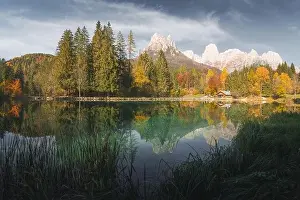 Picturesque view at autumn Welsperg lake in Dolomite Alps. Canali Valley, Primiero San Martino di Castrozza, Province of Trento, Italy