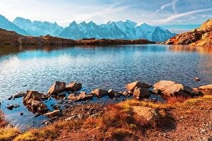 Images Dated 16th October 2018: Picturesque view of Chesery lake (Lac De Cheserys) and snowy Monte Bianco mountains range