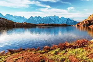 Picturesque view of Chesery lake (Lac De Cheserys) and snowy Monte Bianco mountains range on background, Chamonix, France Alps. Landscape photography