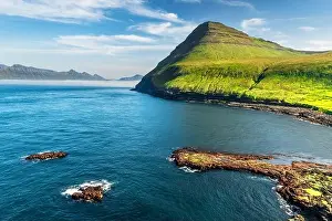 Eysturoy Prints: Picturesque view on green faroese islands mountains near village of Gjogv on the Eysturoy island