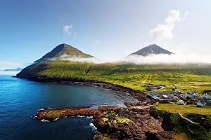 Eysturoy Prints: Picturesque view on village of Gjogv with typically colourful houses on the Eysturoy island