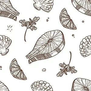 Piece of salmon, lemon slice and fresh greenery monochrome seamless pattern