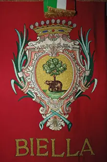 Piedmont Prints: Piedmont - Biella. Detail of a national banner, the emblem with the bear, beech and grass